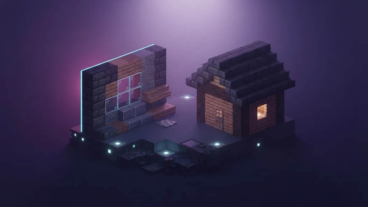 Starter base block palette Stone, wood, glass, stairs, and slabs arranged beside a compact starter house at night