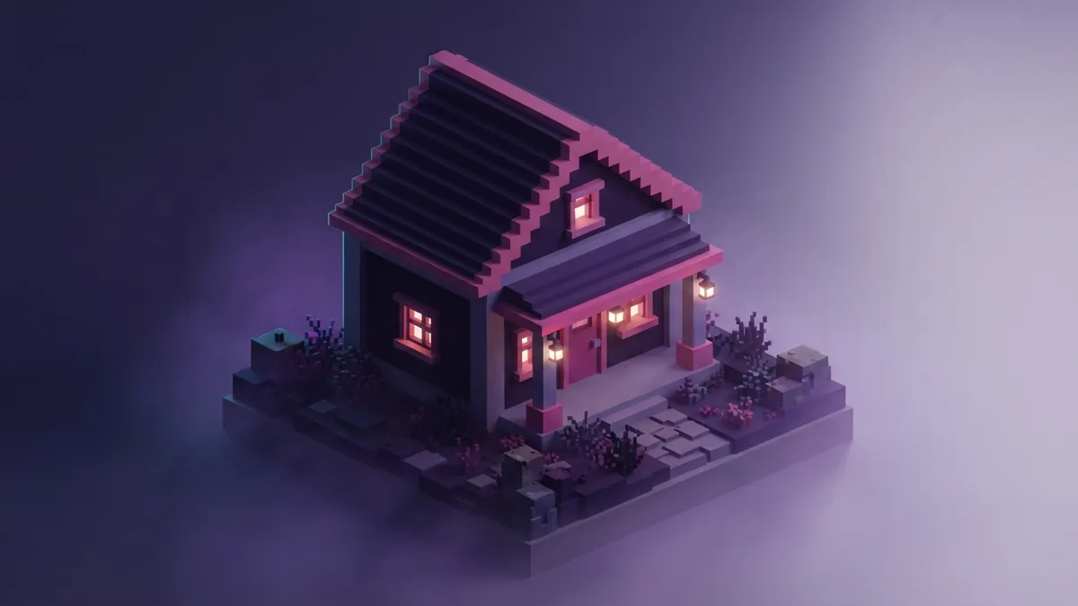 Upgraded starter house with a shaped roof, porch, window frames, and glowing entrance
