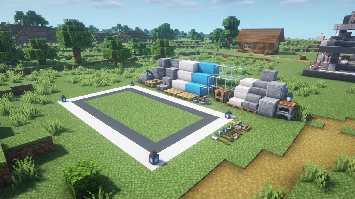 Minecraft gas station building materials arranged beside a marked foundation plot