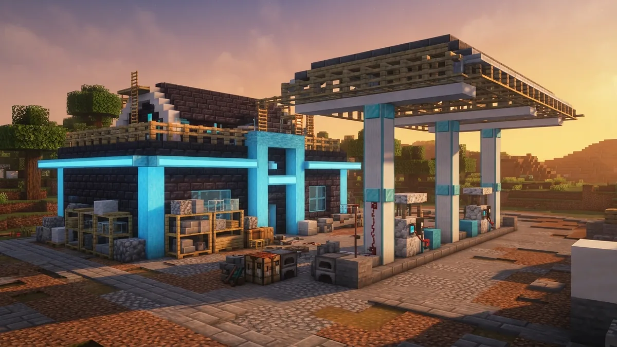 Minecraft gas station under construction with shop walls, pumps, and canopy supports