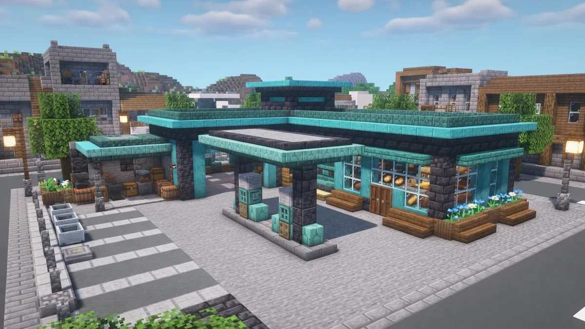Detailed Minecraft gas station with parking, benches, planters, repair bay, and side shop