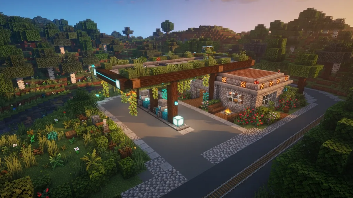 Biome-themed Minecraft gas station with warm lights, local blocks, road, and surrounding landscape