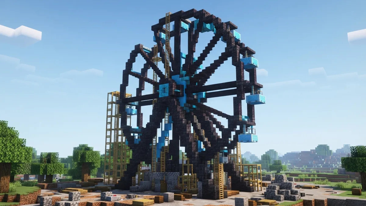 Minecraft ferris wheel frame with supports spokes and minecart cabins