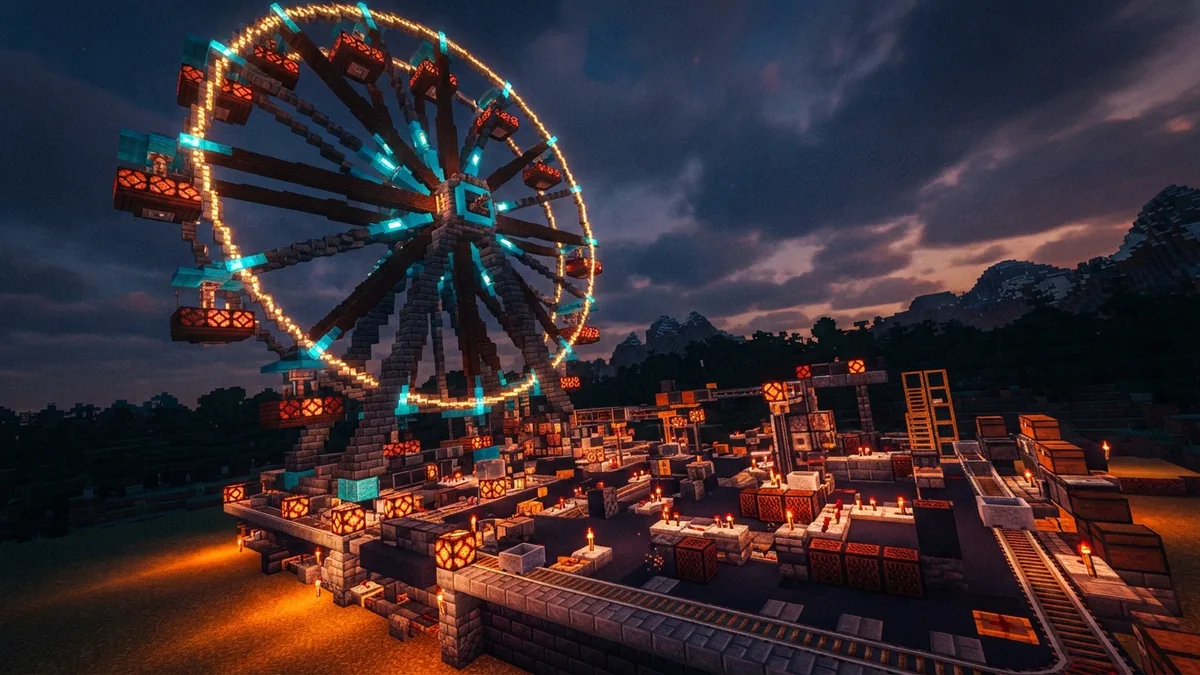 Minecraft ferris wheel with redstone lamps pistons and glowing ride effects