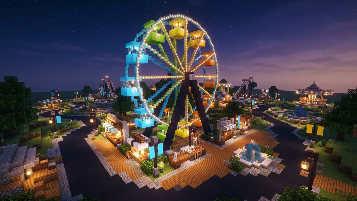 Themed Minecraft ferris wheel with colorful cabins lights and park details
