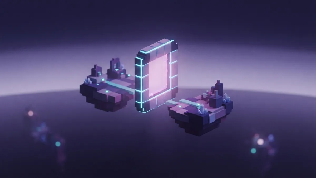 Glowing voxel portal linking two platforms in a shared night-time world