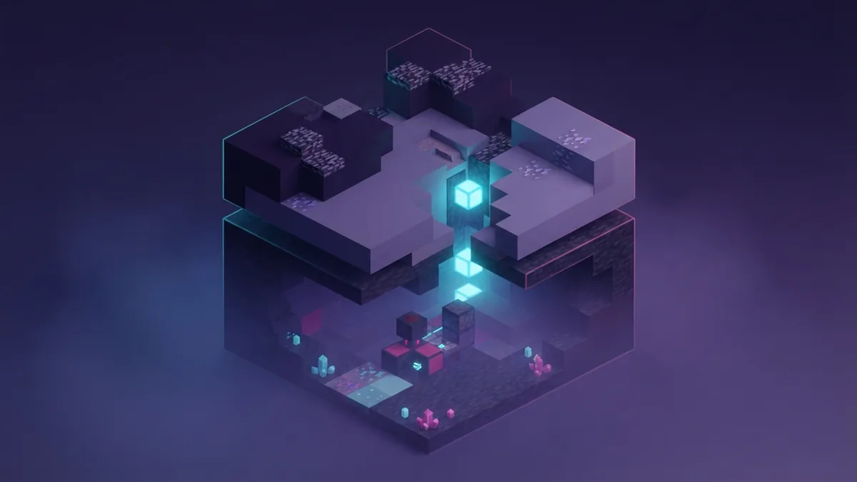 Voxel terrain cutaway with connected layers representing compatible game editions