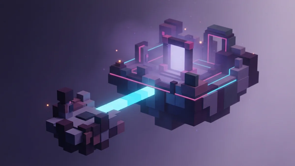 Voxel platforms joined by a glowing path toward a central portal