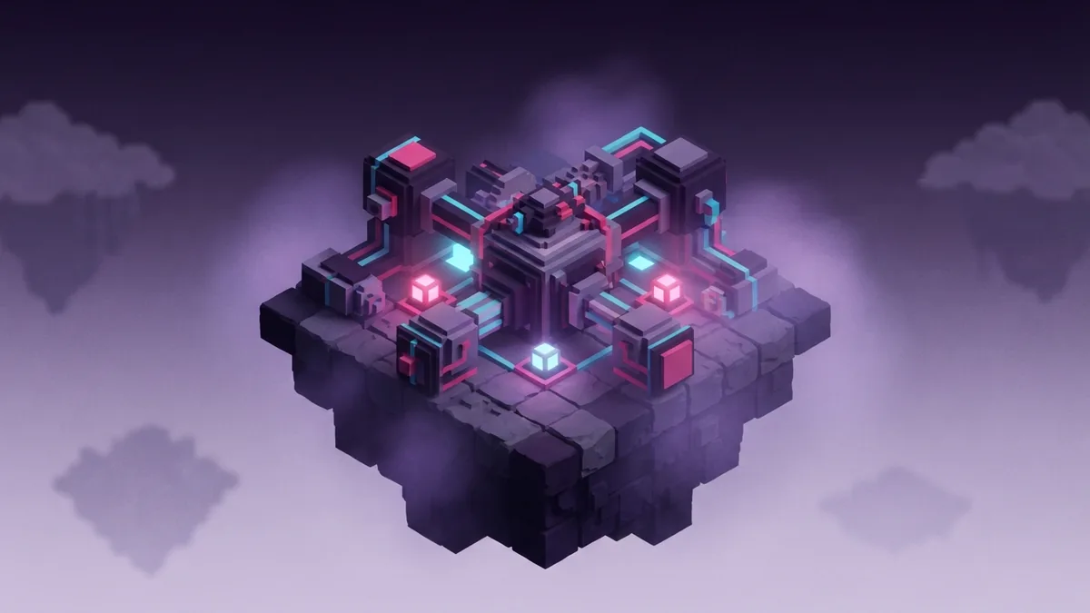 What crossplay needs Voxel connection mechanism on a floating platform with glowing blocks