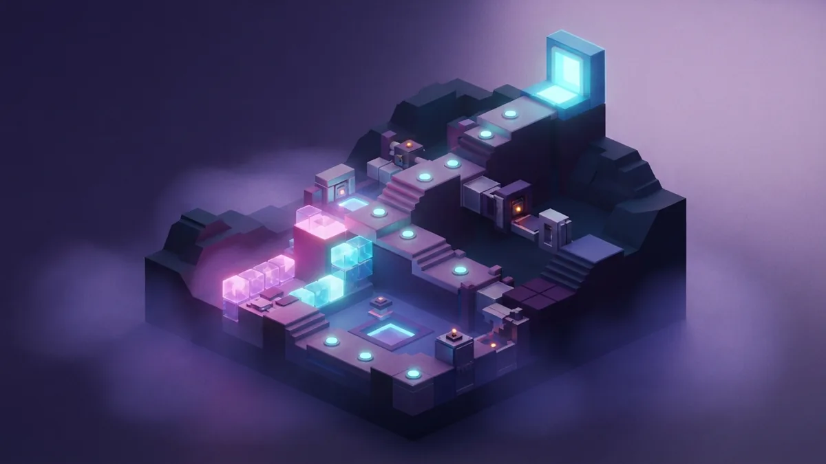 Voxel challenge course with glowing checkpoints and a cyan reward chamber