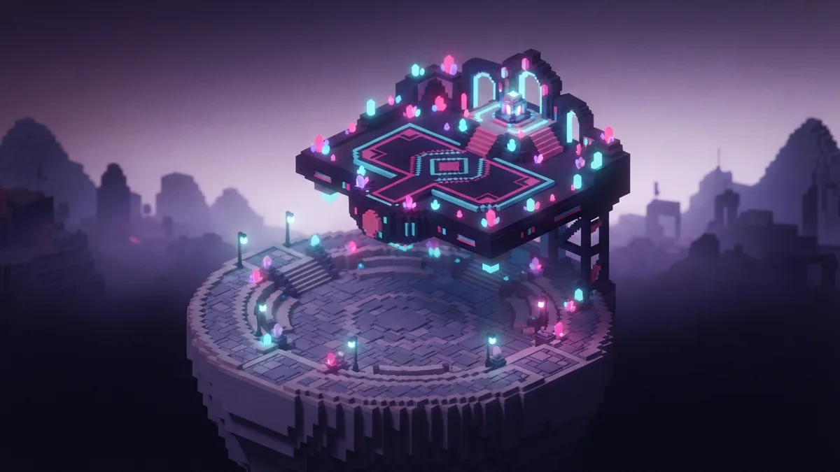 Isometric voxel event arena with glowing crystals and an open plaza