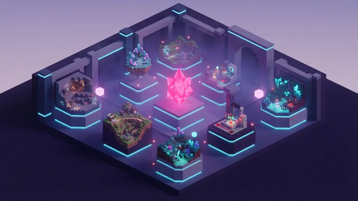 Voxel market hall with blank displays and a glowing central crystal