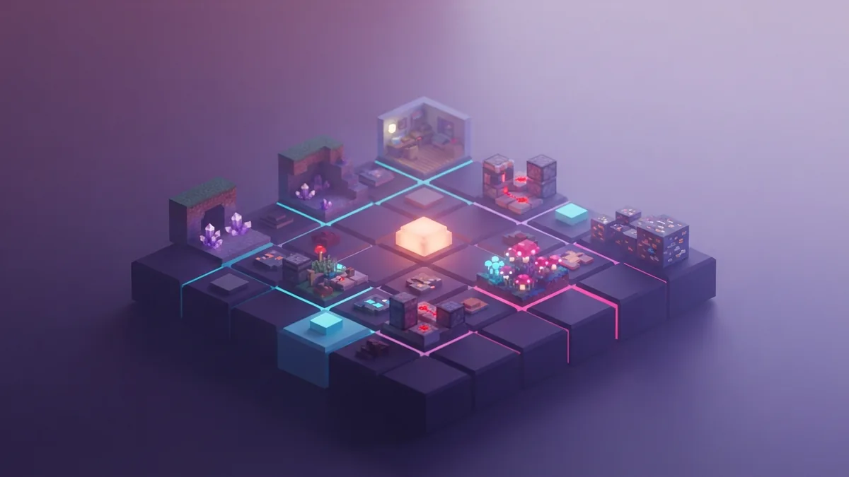 Voxel planning table and crystal tokens Voxel planning table with crystals and small block-built world scenes