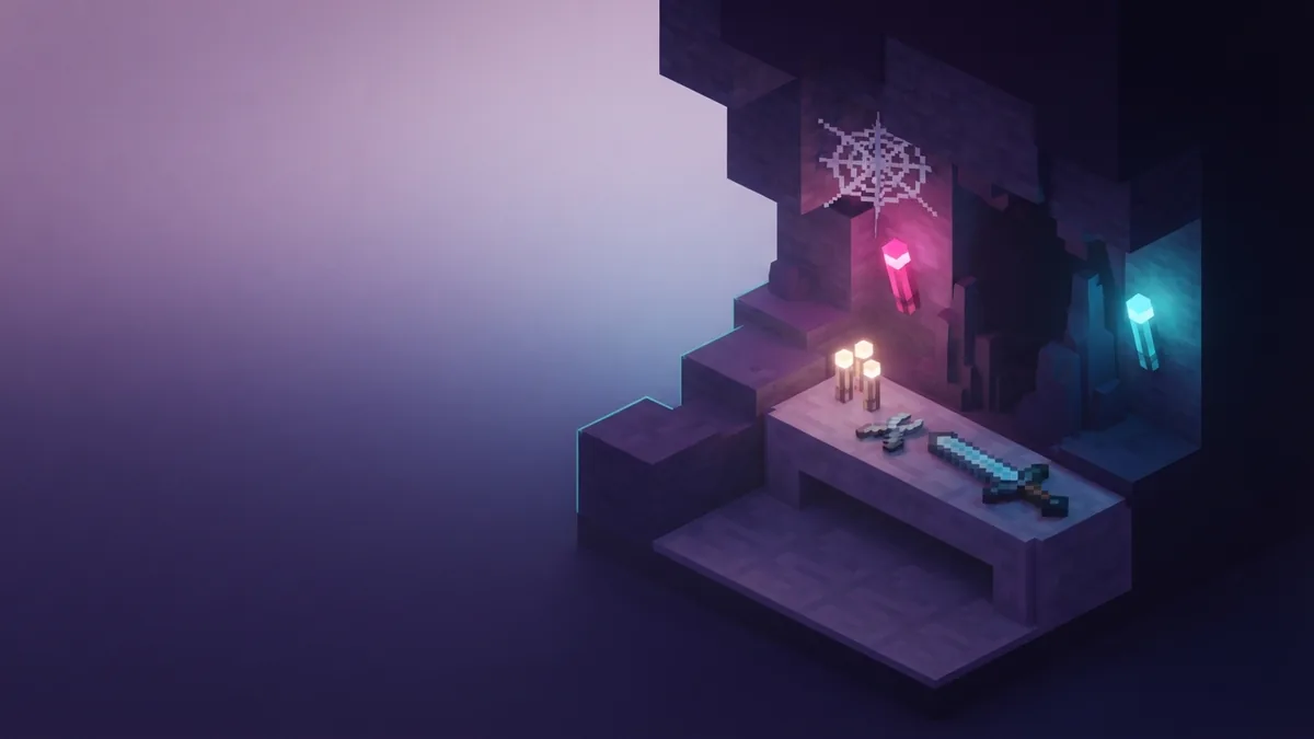 Voxel sword, shears, torches, and cobweb arranged near a dark cave opening