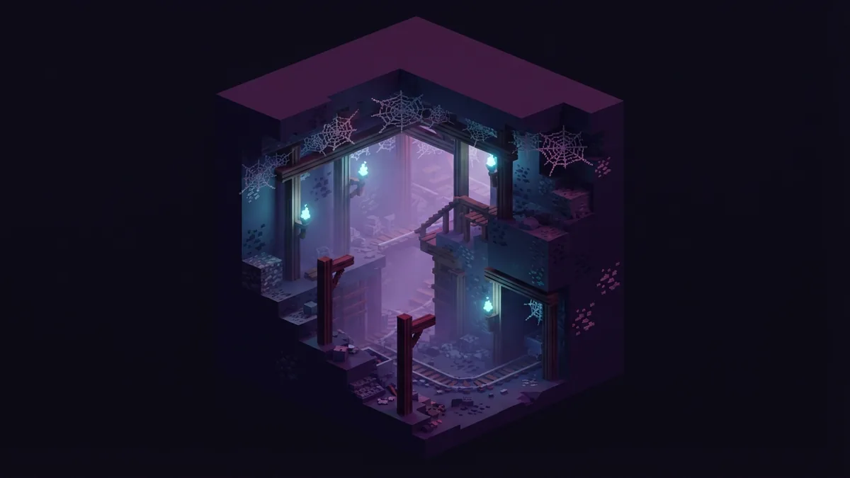 Cobwebs stretched across an underground voxel mineshaft tunnel