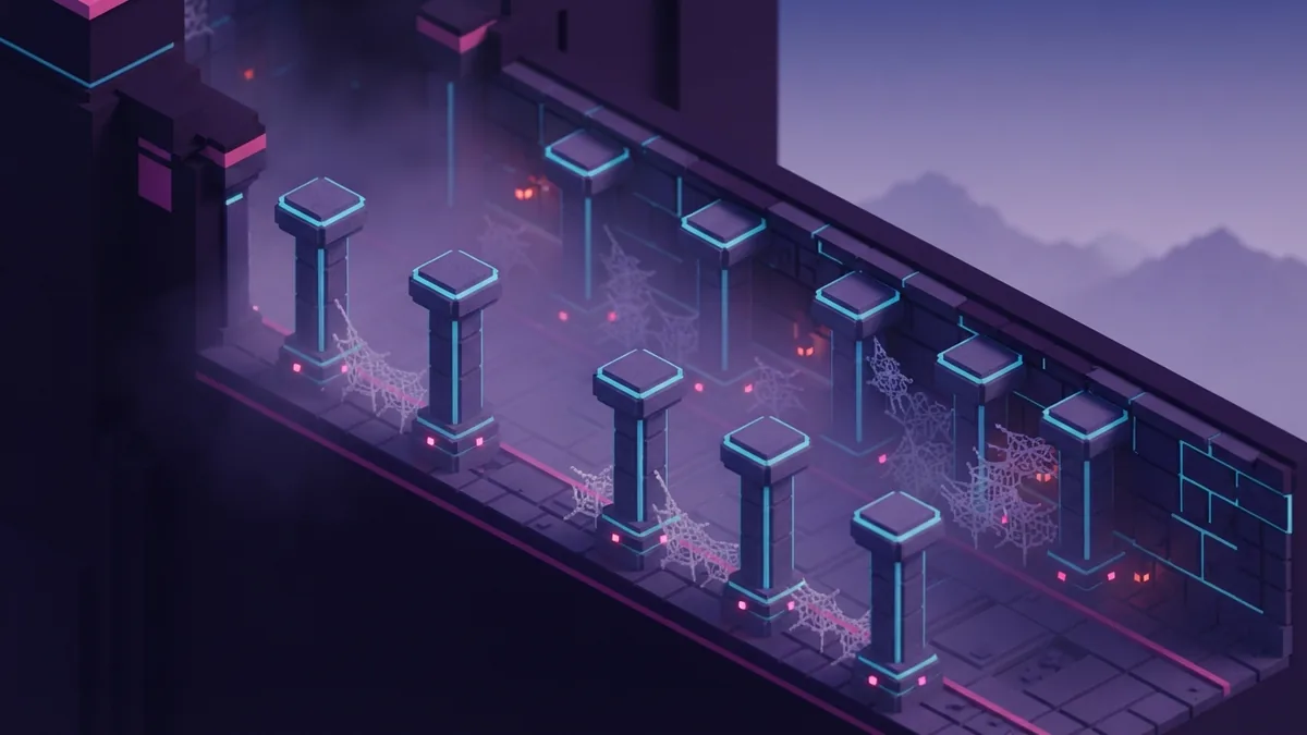 Cobweb trap in a dark corridor Cobweb trap lining a dark voxel corridor with cyan and magenta lighting