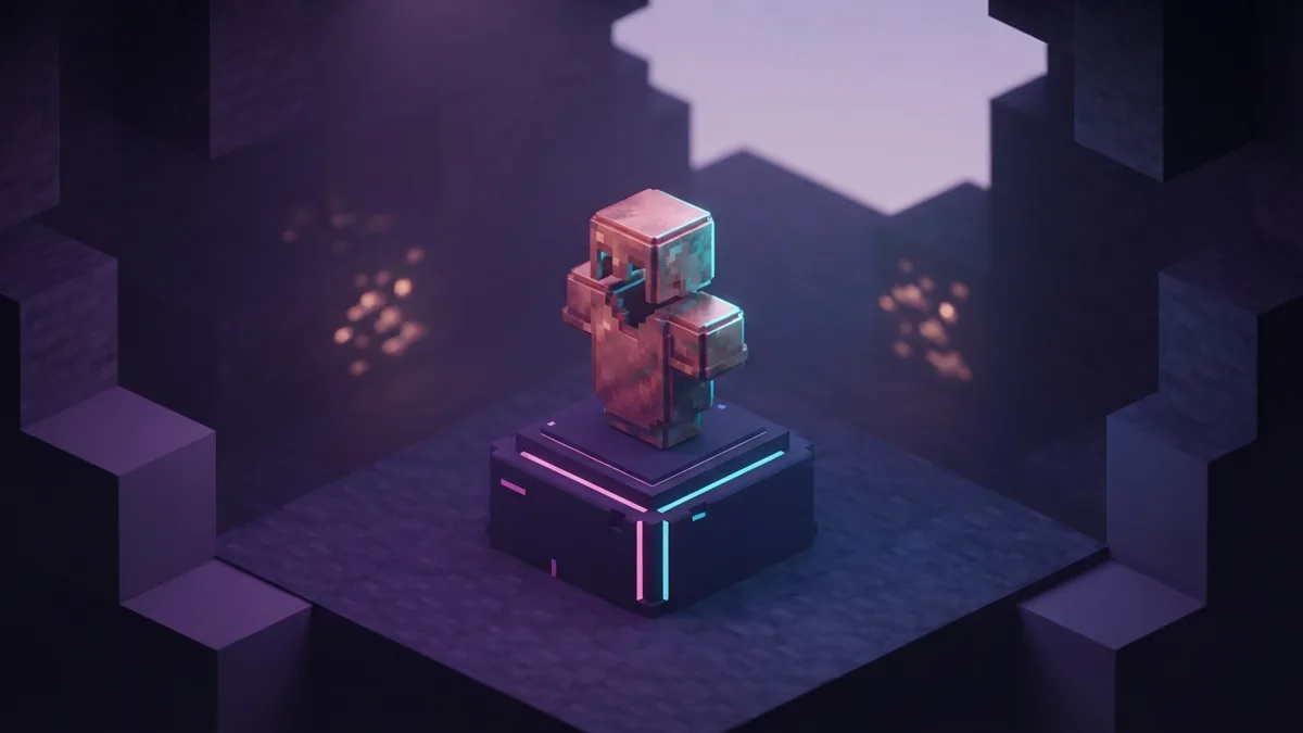 Copper armor and ore blocks Copper chestplate and helmet on a block stand with glowing ore in the background