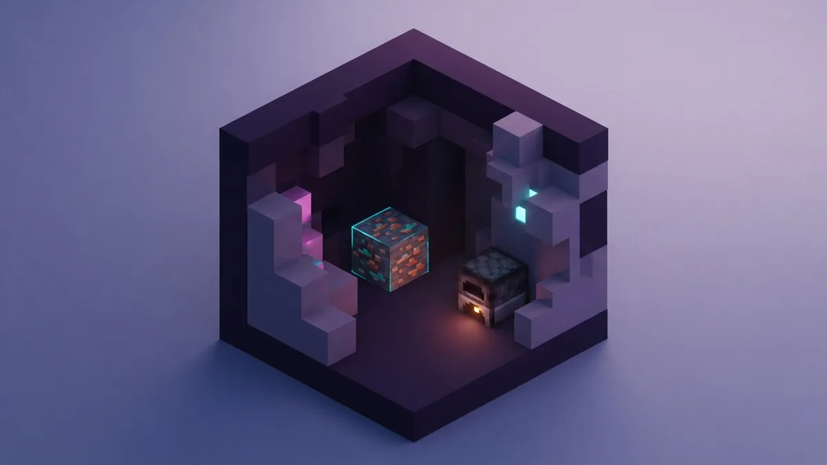 Copper ore and furnace in a cave Copper ore vein beside a glowing furnace in a dark voxel cave