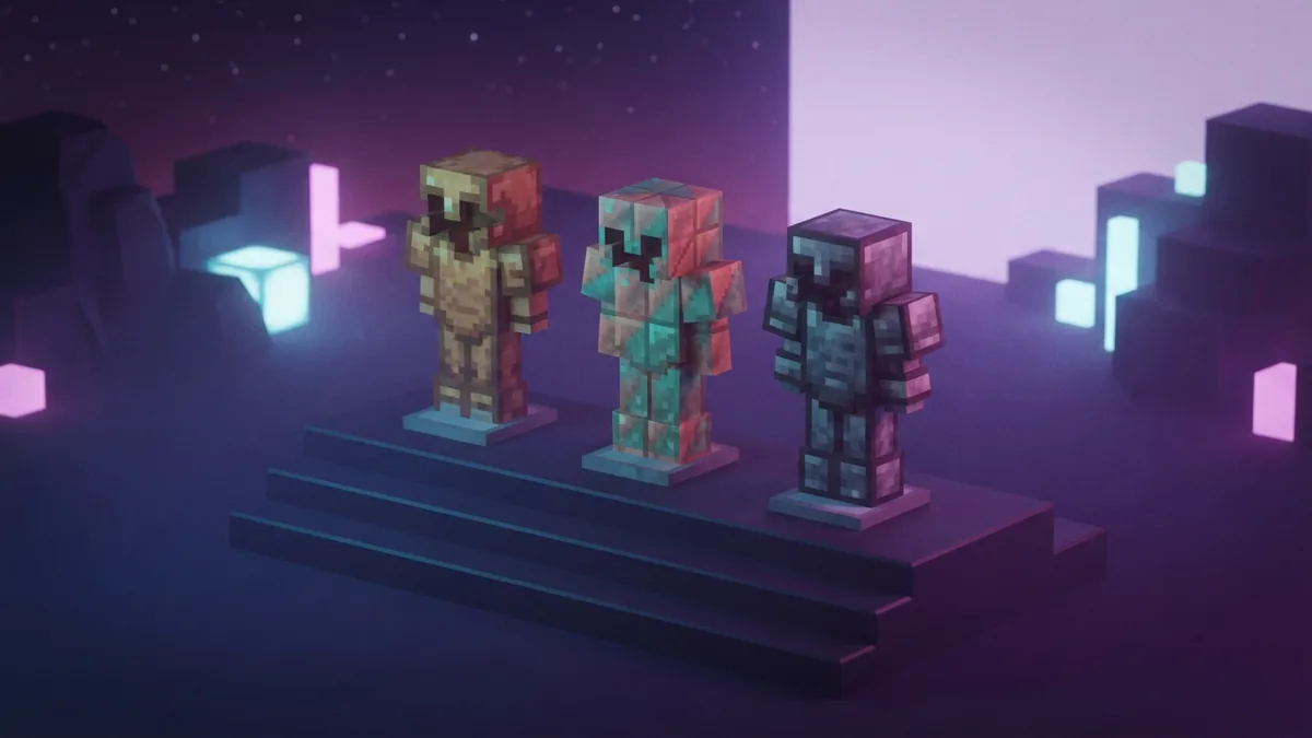 Leather, copper, and iron armor sets arranged on a stepped voxel display