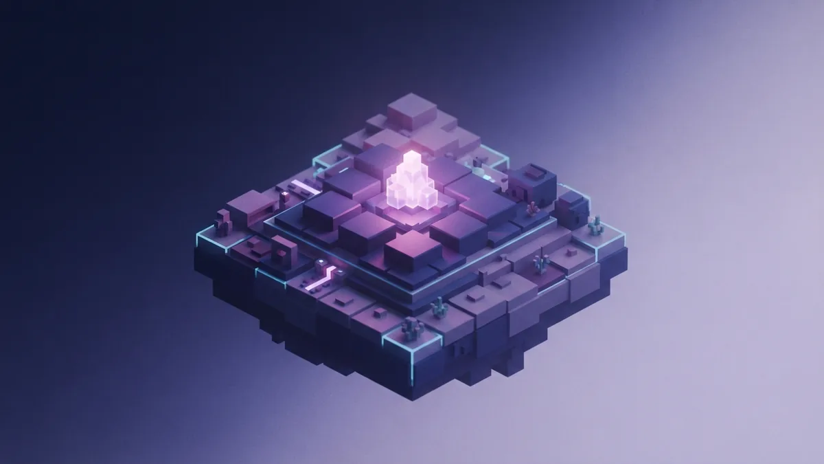 Compact voxel platform with a glowing crystal structure in a violet night scene