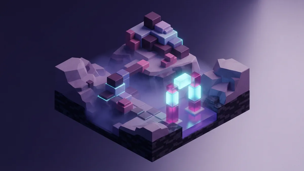 Voxel terrain cutaway with a luminous gateway and layered geometric blocks