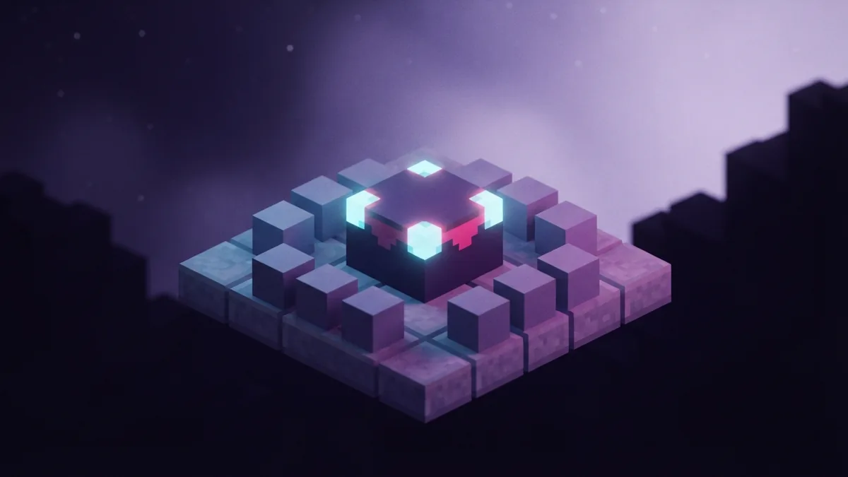 Enchanting setup with floating block forms Voxel Enchanting Table on a floating platform with softly glowing geometric blocks