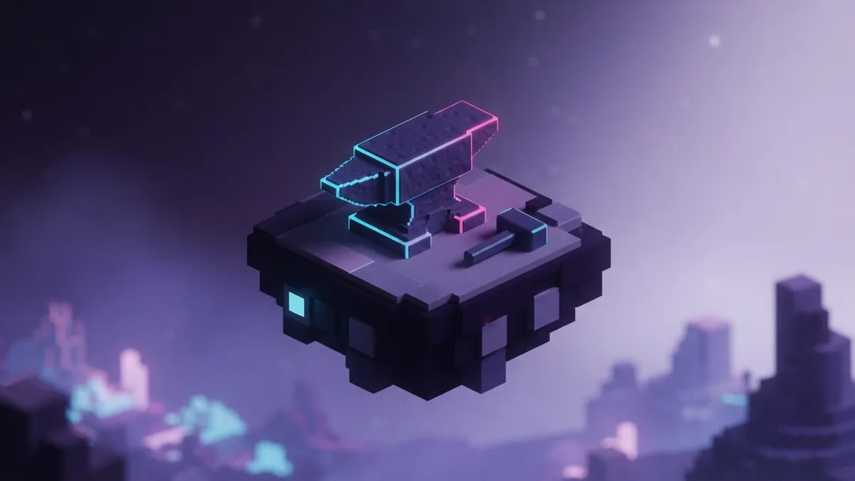 An Anvil and tool in a calm voxel scene Voxel Anvil and plain tool on a floating platform under violet light