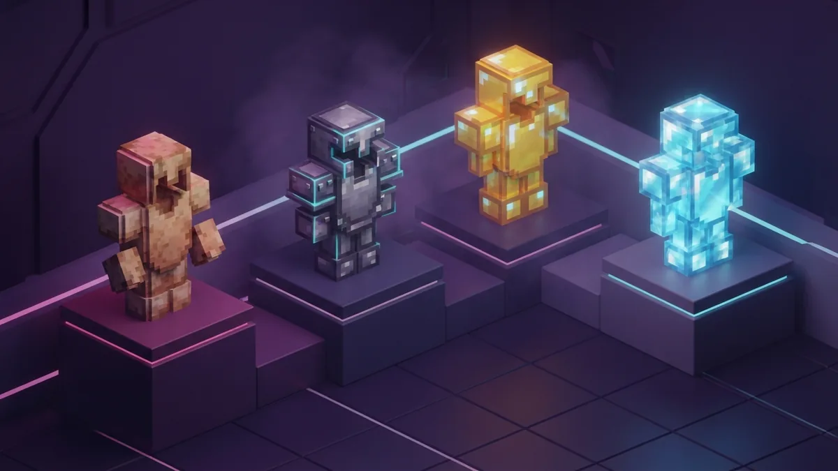 Four horse armor types on pedestals Four geometric horse armor pieces on glowing pedestals in a plum voxel scene