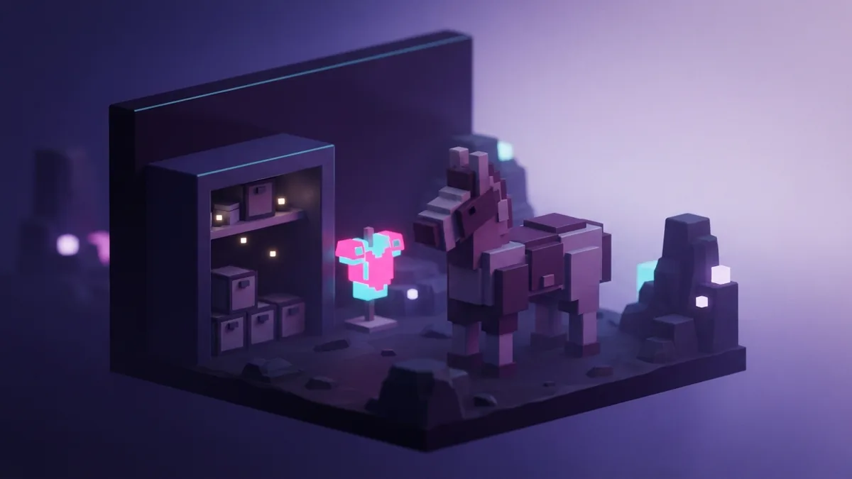 Geometric horse form beside armor in a glowing indigo voxel alcove