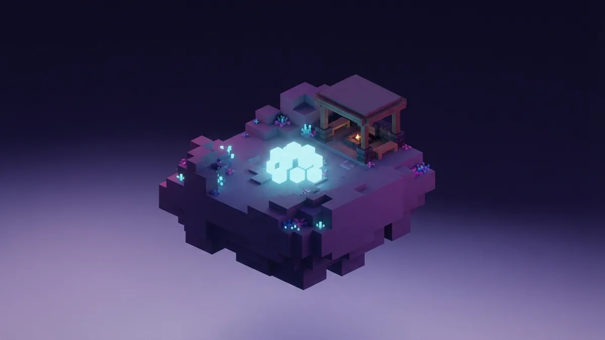 A solo world with cheats enabled Small block-built island with a cyan glow in a calm violet setting