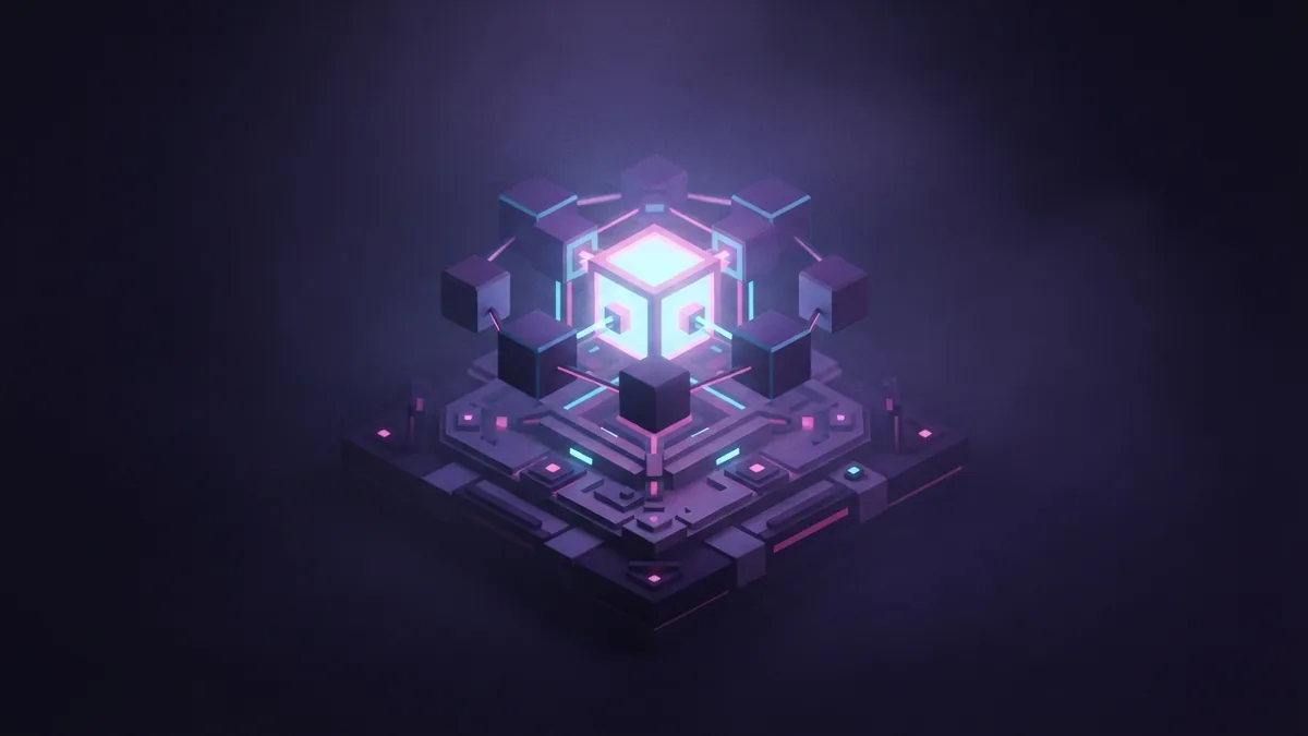 Glowing geometric block mechanism on a compact voxel platform
