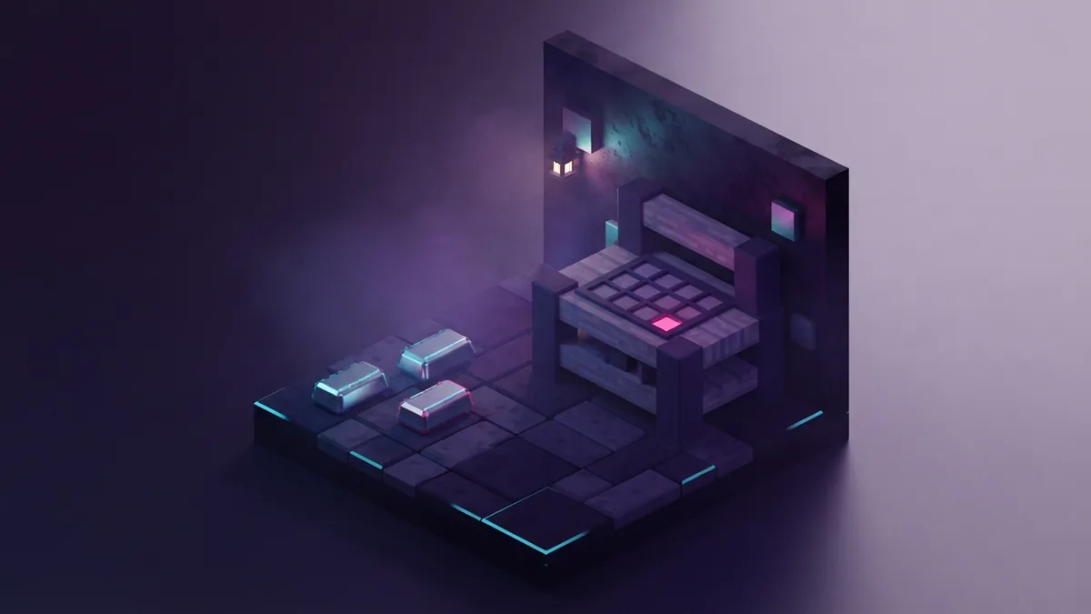 Three iron ingots arranged in a V beside a voxel crafting table