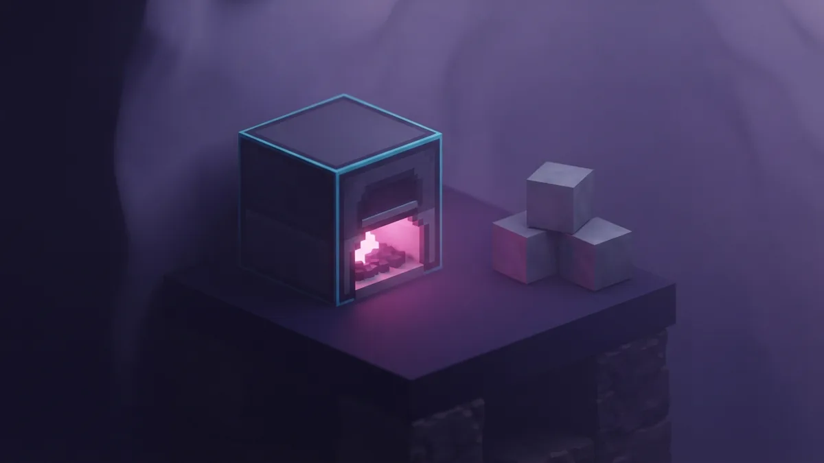 Newly crafted voxel furnace with stone blocks on a dark platform