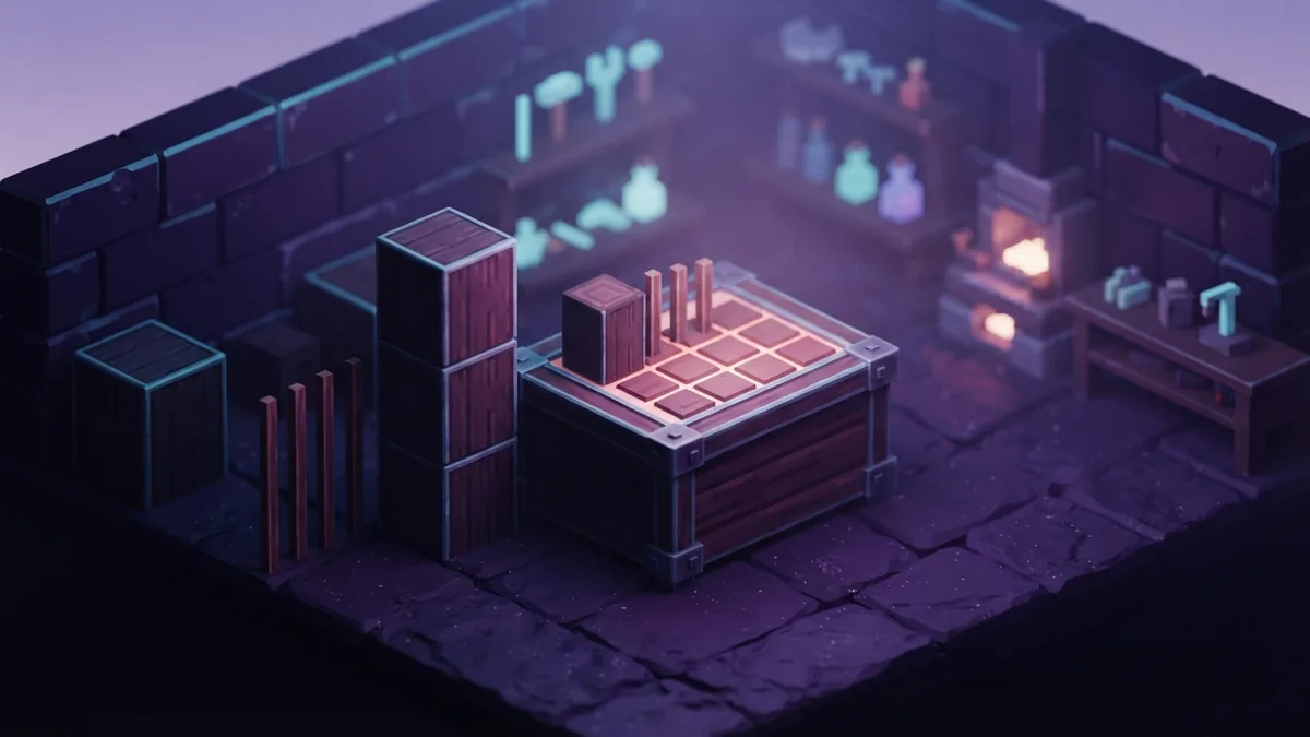 Two planks make four sticks Two wooden planks arranged vertically beside crafted sticks in a dark voxel scene
