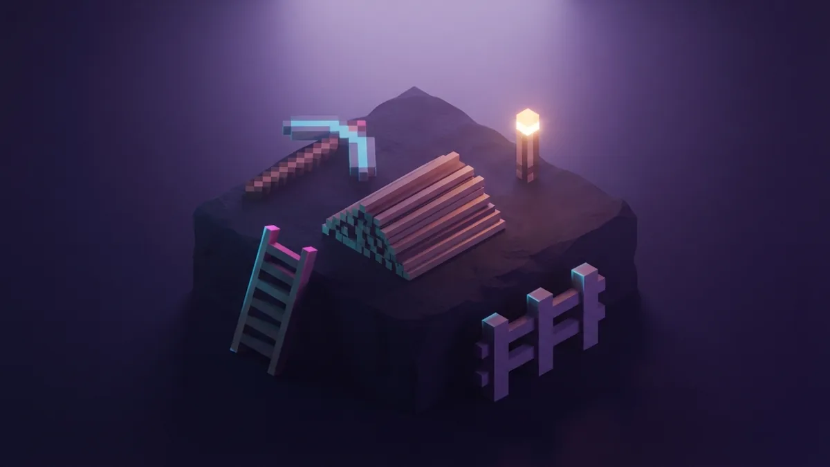 Voxel tools, torches, ladder, and fence made with sticks under cool purple lighting