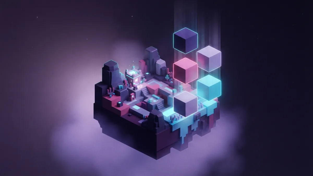 Glowing generic cubes removed from a floating voxel platform against a violet haze