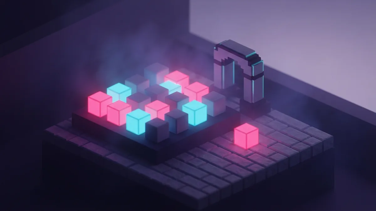 A separated glowing cube beside a neat block-built arch in an indigo voxel scene