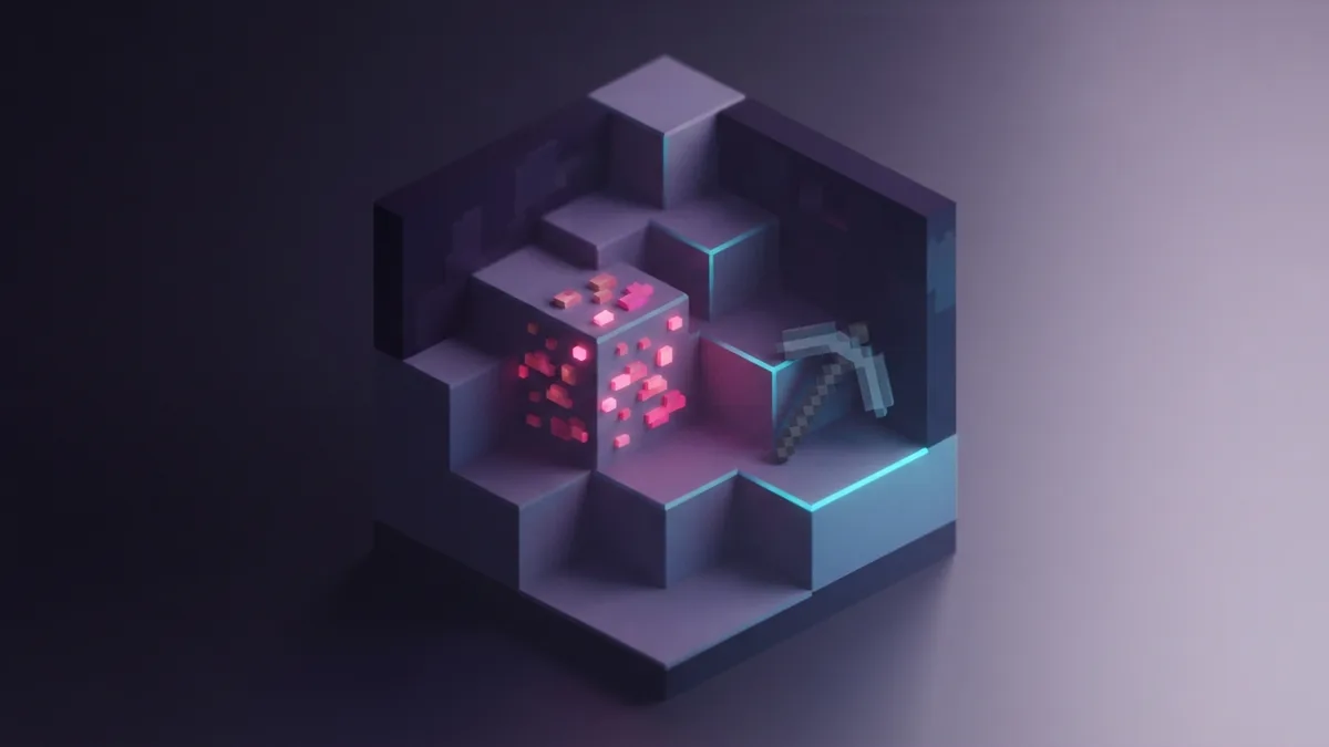 Copper ore cluster beside a simple stone pickaxe in a voxel cave