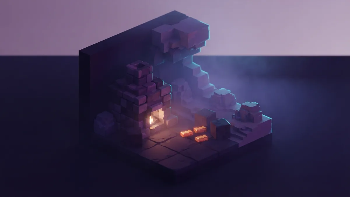 Smelting copper into ingots Blocky furnace glowing beside copper ingots in a dark indigo workshop
