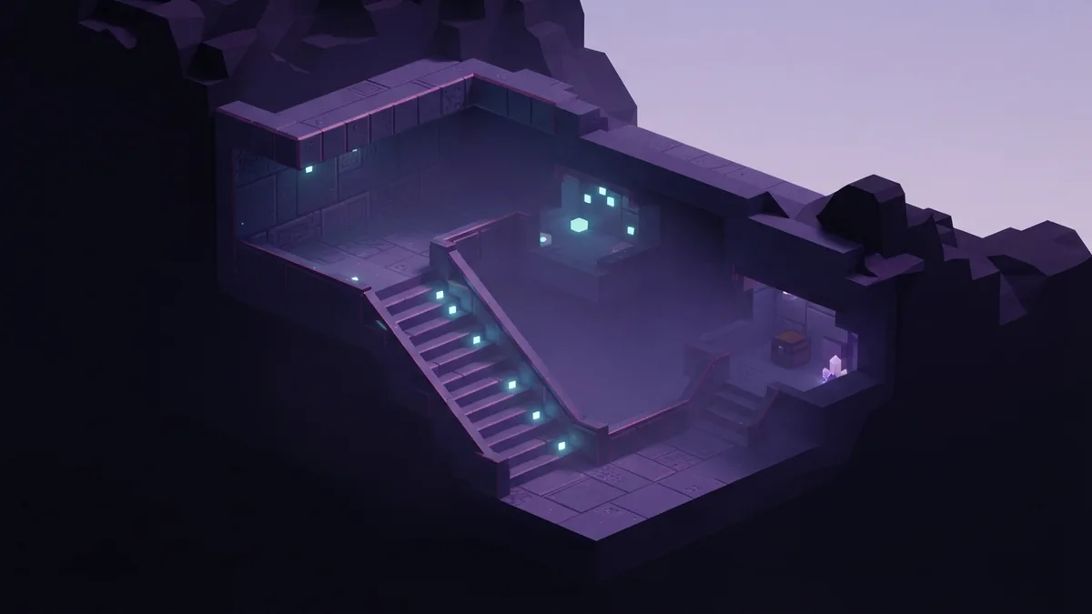 A stepped underground tunnel with side branches cut through dark geometric stone