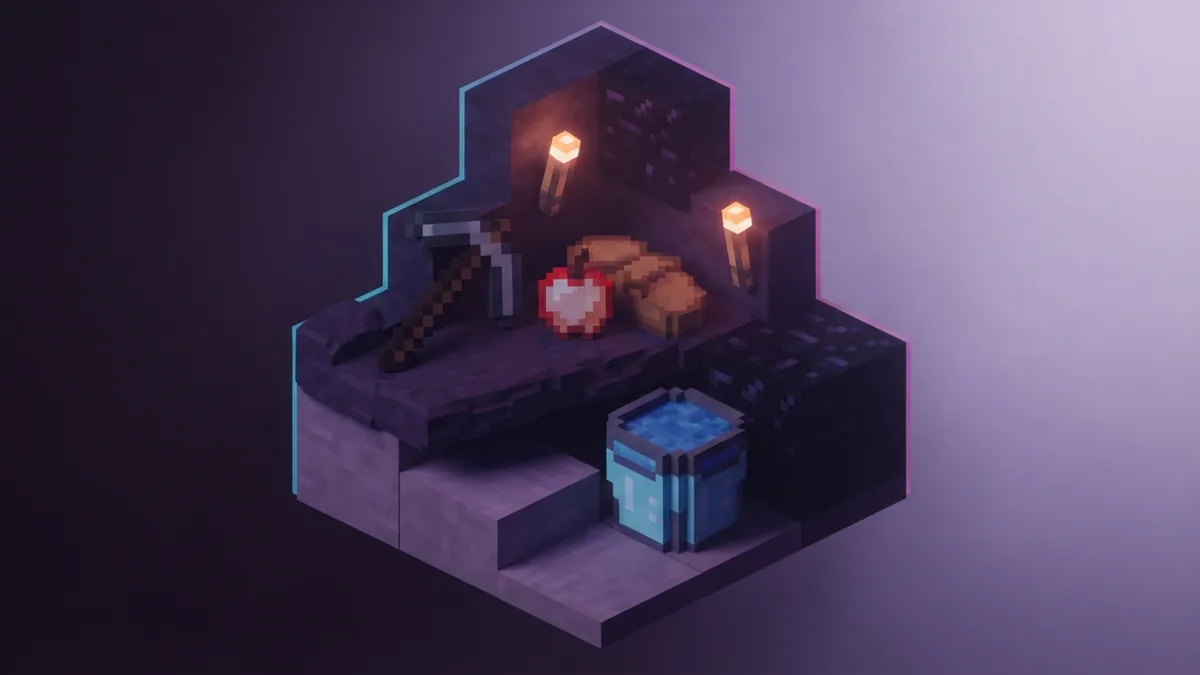 Mining supplies arranged on a dark stone ledge in a softly lit underground scene