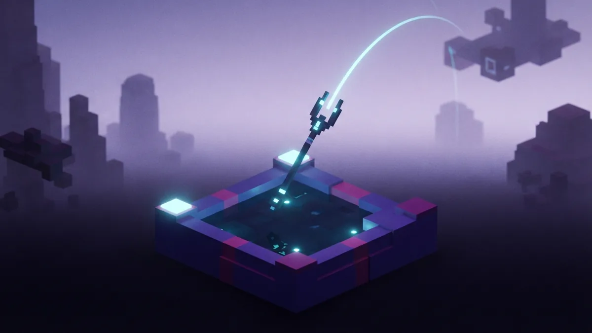 A block-built pool and glowing forked spear illustrate a Riptide-powered flight launch