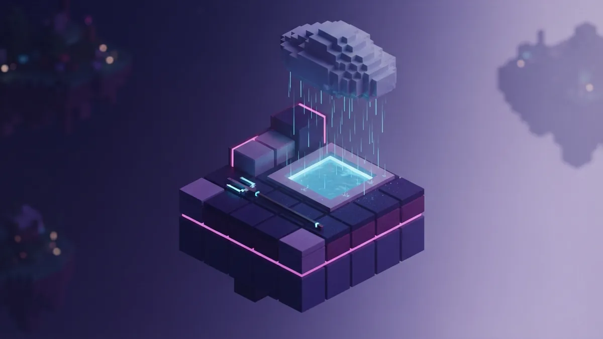 A generic trident beside a square pool under a softly glowing rain cloud