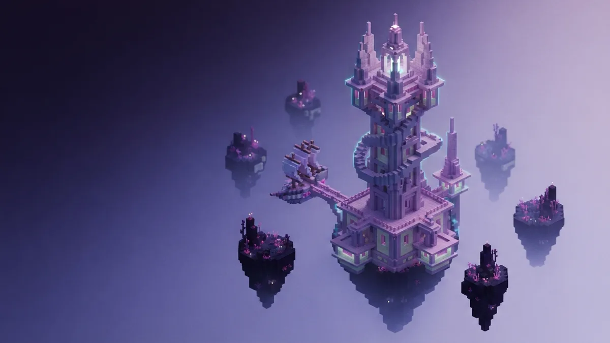 Voxel End City tower and floating ship among distant outer islands