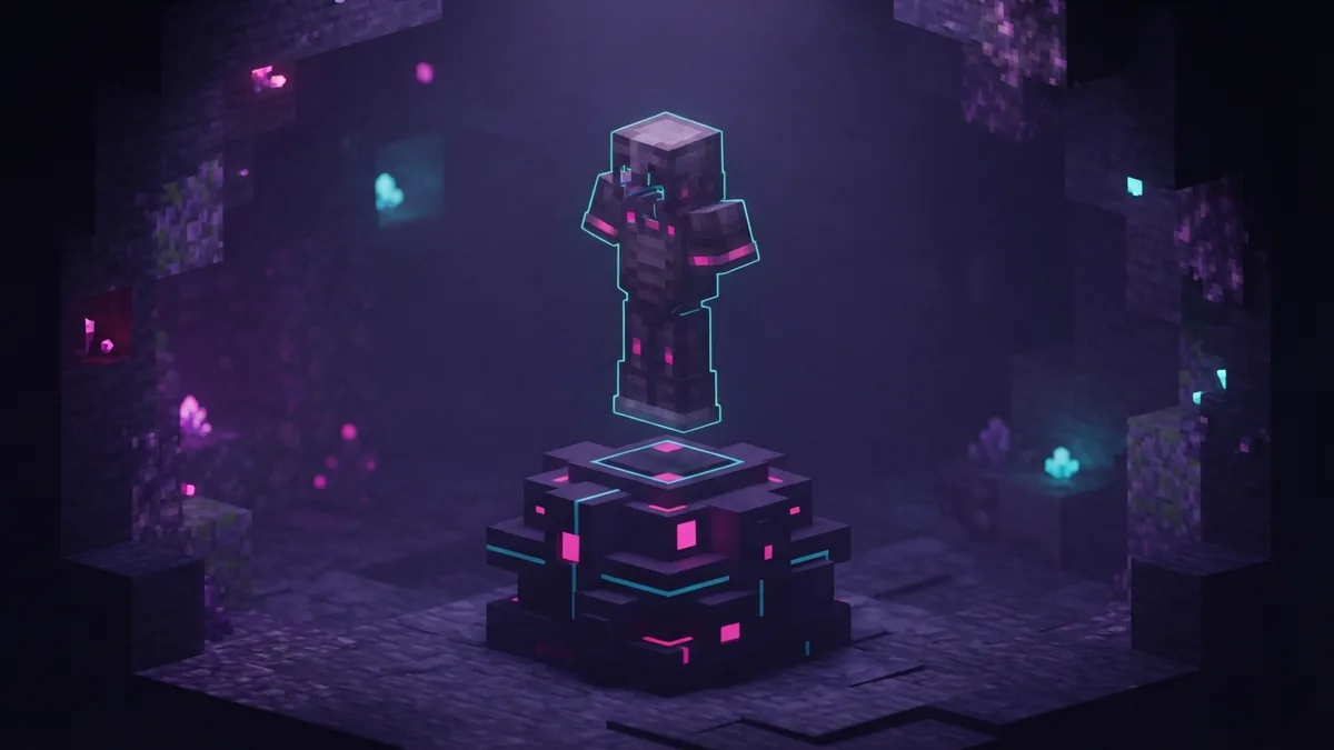 Netherite armor set displayed above a glowing pedestal in a purple Nether scene