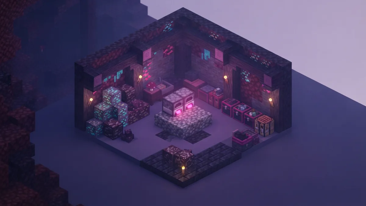 Materials for making Netherite Ingots Nether mining chamber with Ancient Debris, Gold Ore, furnaces, and glowing blocks