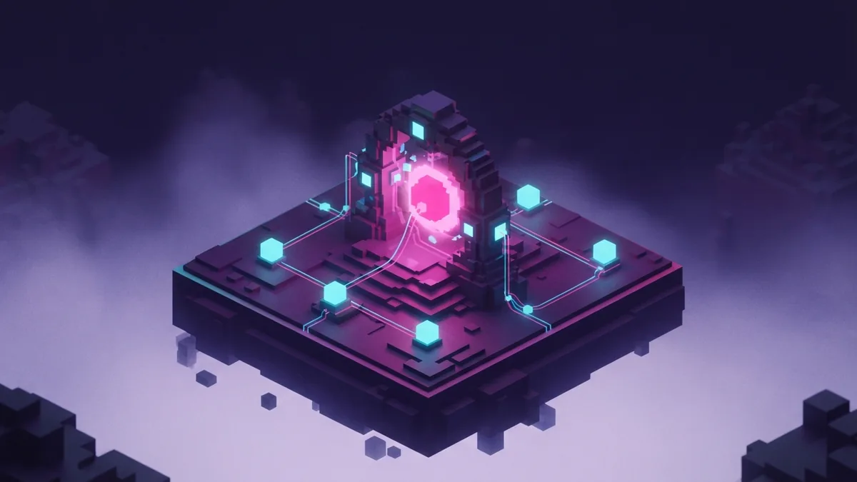 Voxel permission gateway linking glowing cyan nodes on a dark plum platform