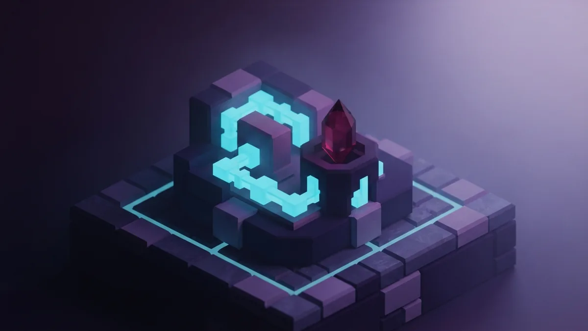 Voxel control pedestal with a dimmed magenta crystal beside separated cyan blocks