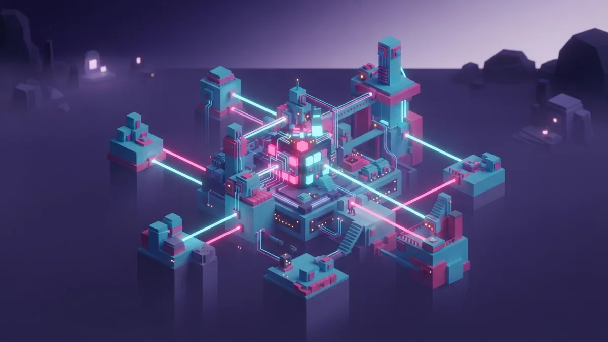 Voxel command mechanism in violet haze Isometric voxel command mechanism linking cyan and pink geometric platforms