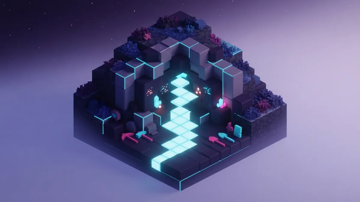 Safe block cave entrance with neatly arranged gear and cool cyan rim lighting